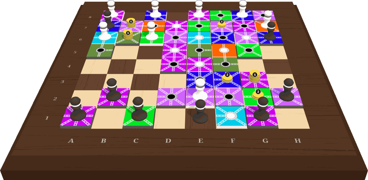 A Chase board part-way through a game: coloured road tiles, black and white pawns, and stacks of gold